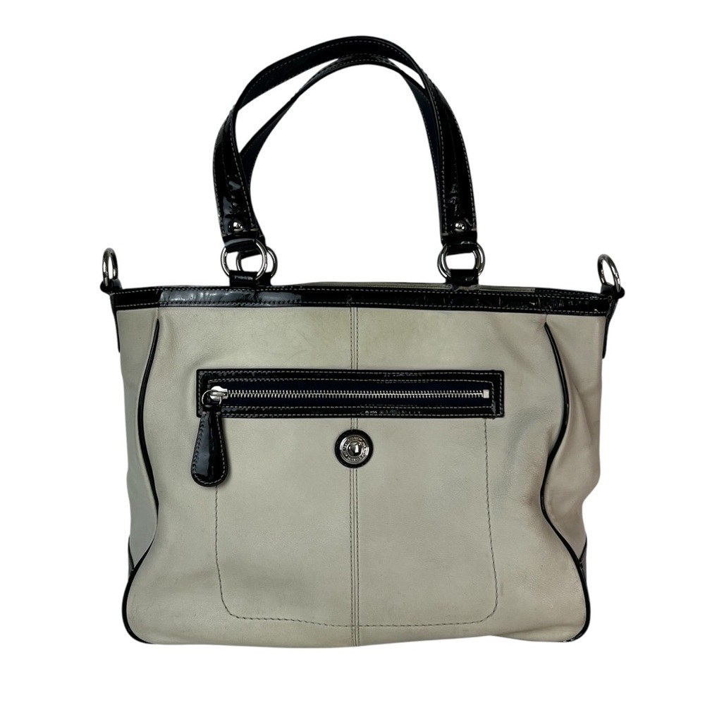 Coach Laura North South Leather Shoulder Bag Off White Black Trim Purse FLAW